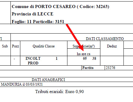 Individuazione delle are nelle visure catastali